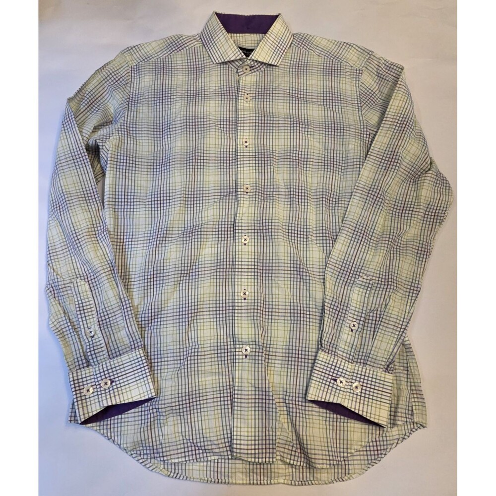 Bogosse Men’s Medium (3) Plaid Button Front Dress Shirt Purple Green Cotton
